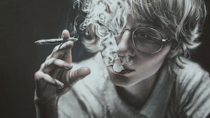 art, smoke - physical structure, visual art, activity, hand, glasses, smoking - activity, human, indoors, cigarette, body part, headshot, social issues