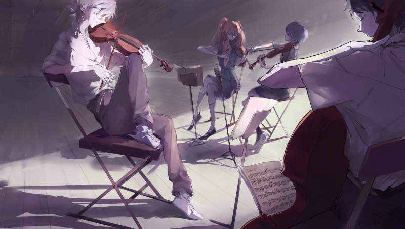 artist, lifestyles, day, event, musician, Ikari Shinji, anime, characters, togetherness, arts culture and entertainment, instrument, seat, playing, musical instrument
