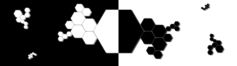 reflection, high angle view, text, hexagon, shadow, studio shot, human representation, creativity, indoors, no people, representation, panoramic, black