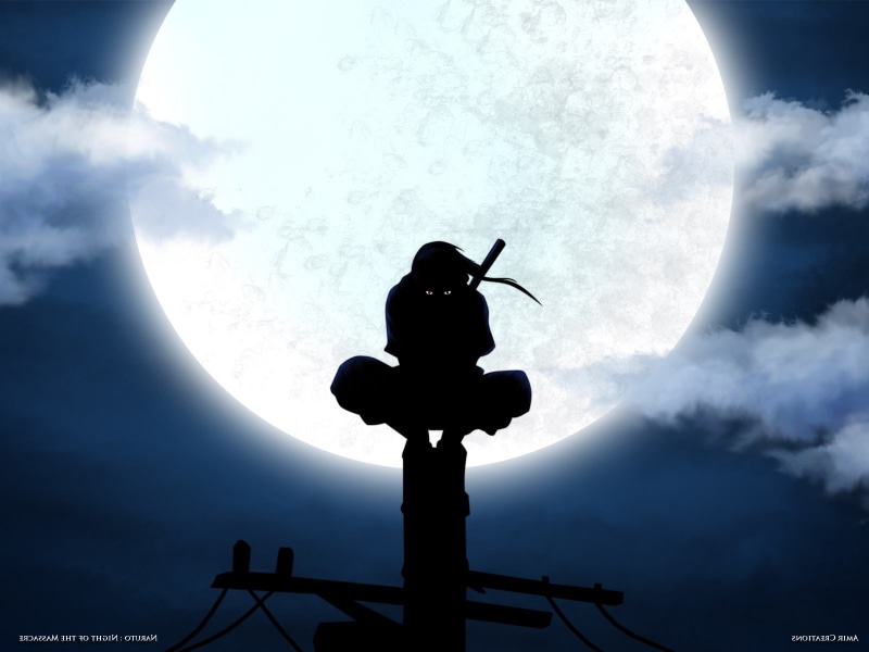 scenics - nature, one person, low angle view, uchiha itachi anbu silhouette moon, astronomy, digital composite, outdoors, silhouette, beauty in nature