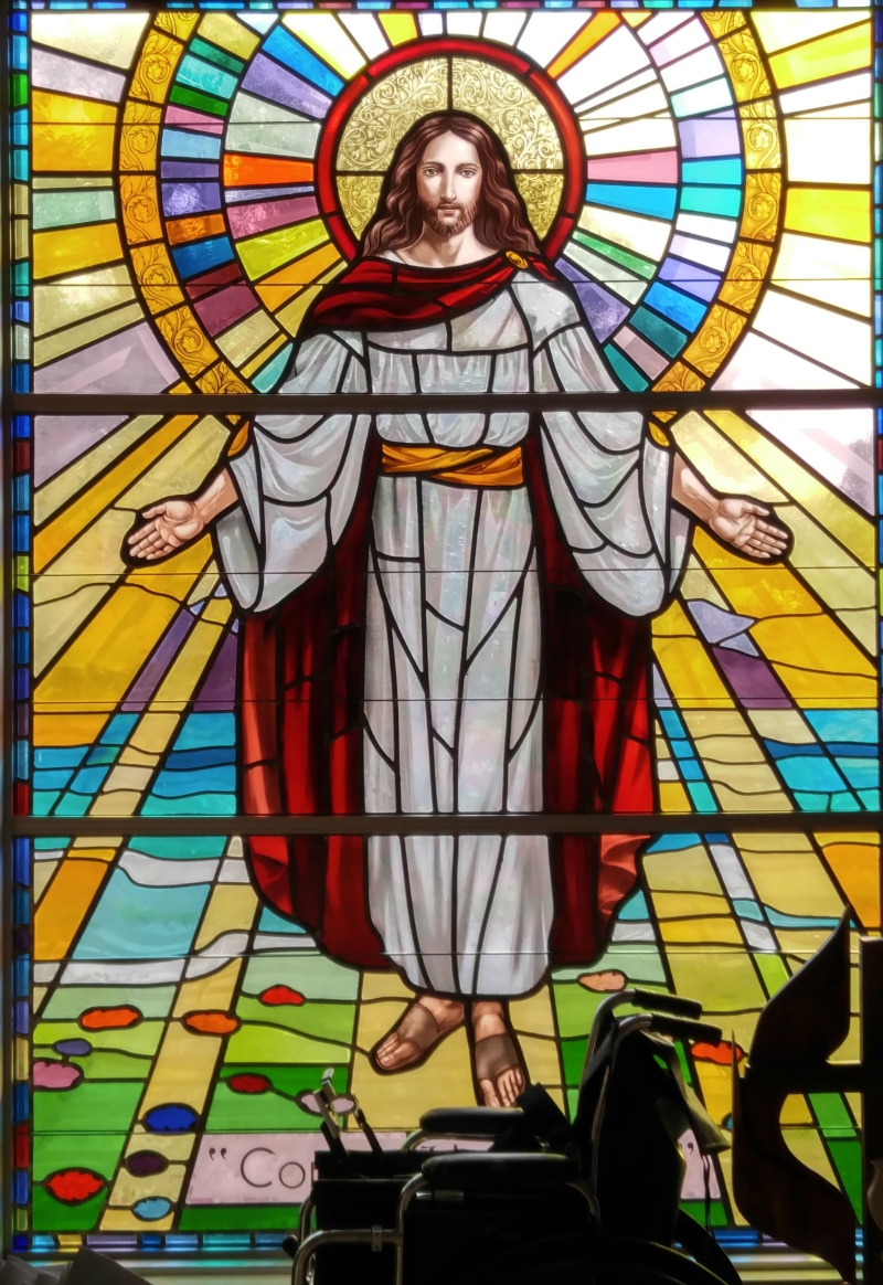 front view, light, 4K, stained glass, mural, looking at camera, holy, glass, cathedral, easter, christianity, multi colored, architecture, one person
