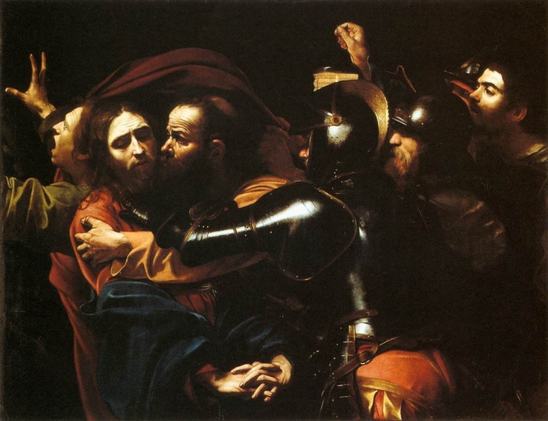 waist up, lifestyles, people, portrait, indoors, adult, arts culture and entertainment, Caravaggio, night, Jesus Christ, group of people, real people, painting