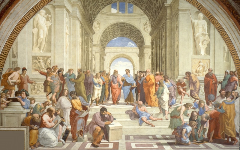 Epicurus, Socrates, Plato, Hypatia, place of worship, Rafael, built structure, religion, Aeschines, gathered, praying, picture, building, Raphael Santi