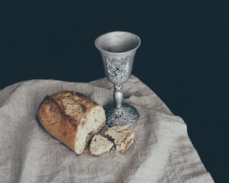 bread, cup, meal, spiritual, food and drink, glass, table knife, religion, 2K, indoors, ready-to-eat, holy, wine, religious, catholic, freshness, black background