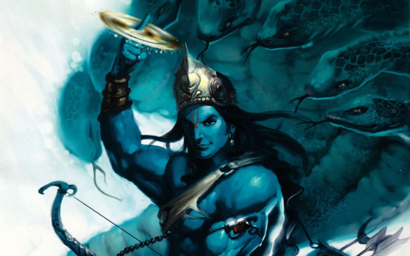 fantasy, young adult, beauty, looking at camera, hairstyle, blue, sea, beautiful people, God, clothing, illustration, portrait, women, underwater, Lord Vishnu