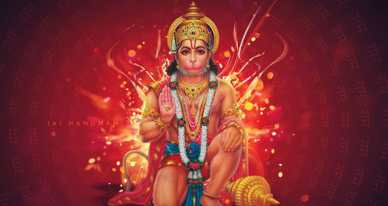 indoors, hanuman, three quarter length, anjaneya, pattern, red, ornate, studio shot, colored background, one person, front view, jewelry, sri, religion