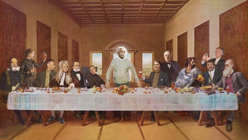 Julius Robert Oppenheimer, Isaac Newton, Richard Dawkins, supper, 4K, Stephen Hawking, albert, food, celebration, Carl Sagan, architecture, Thomas Alva Edison