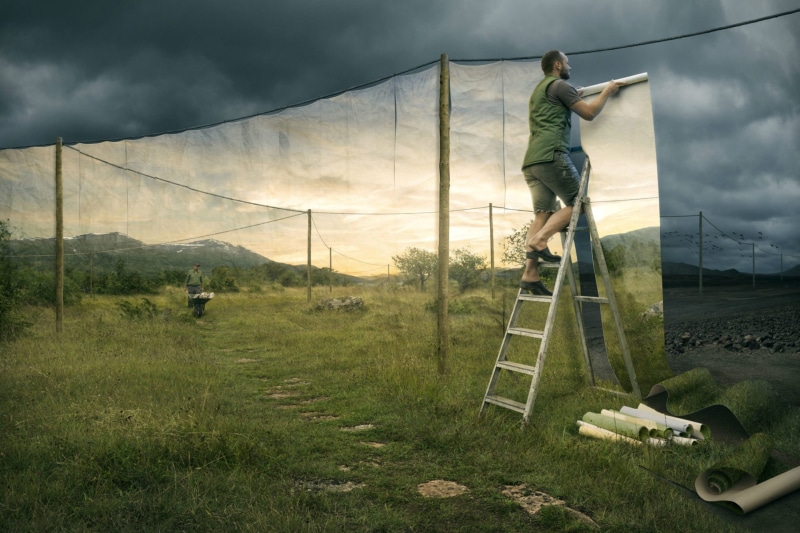 leisure activity, one person, environment, field, lifestyles, nature, ladder, photo manipulation, Photoshop, surreal, poster, mountains, sky, storm, full length