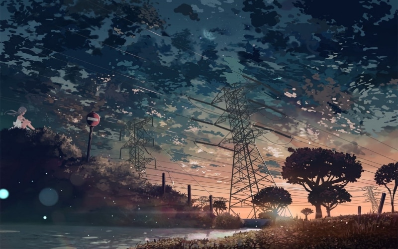 720P, anime, utility pole, transmission tower, power lines, clouds
