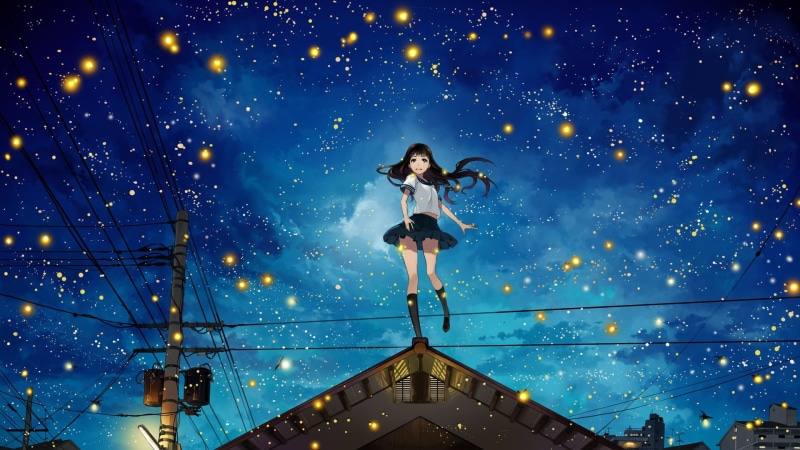 Utility Pole, motion, human arm, mid-air, Power Lines, nature, Fireflies, night, stars, astronomy, front view, full length, Original Characters, women