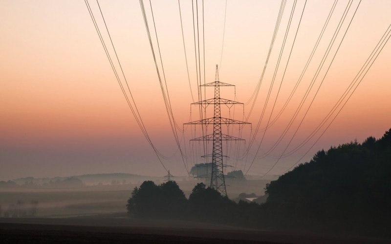 mist, power line, cable, power lines, electricity, sunset, plant, tree, field, technology, power supply, beauty in nature, connection, electrical component