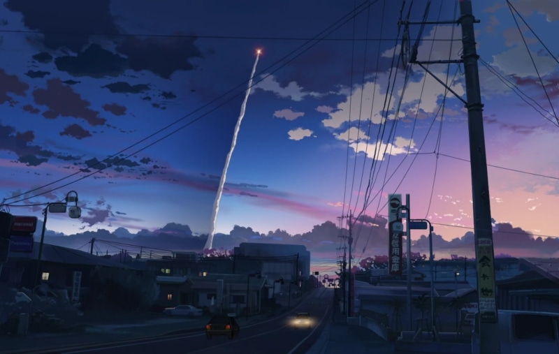 cable, car, power supply, building exterior, built structure, 720P, utility, contrails, 5 Centimeters Per Second, brown, sunset, post, illuminated, fuel and power generation