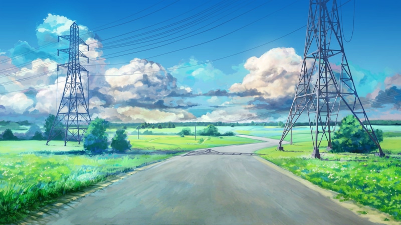 power lines, blue, utility pole, 1080P, landscape, artwork, road, Everlasting Summer, clouds, visual novel, anime, ArseniXC, green