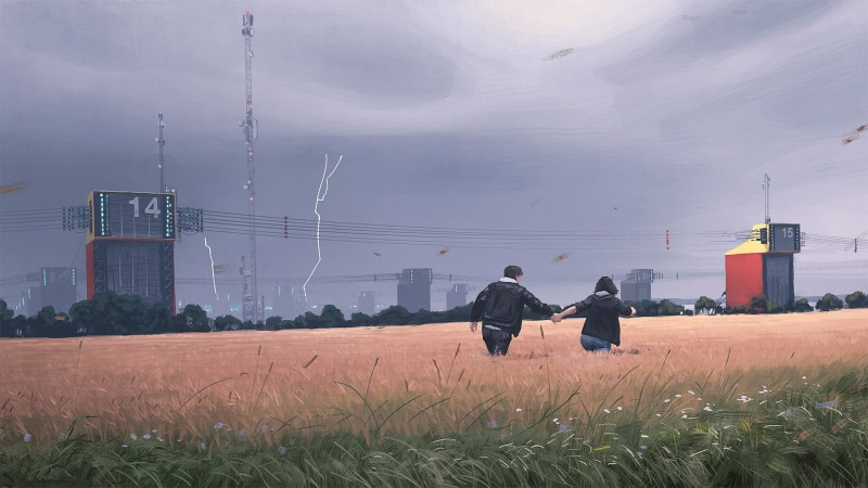 environment, electricity, men, Simon Stålenhag, nature, lightning, rural scene, wheat, land, power lines, cloud - sky, clouds, landscape, technology, electricity pylon