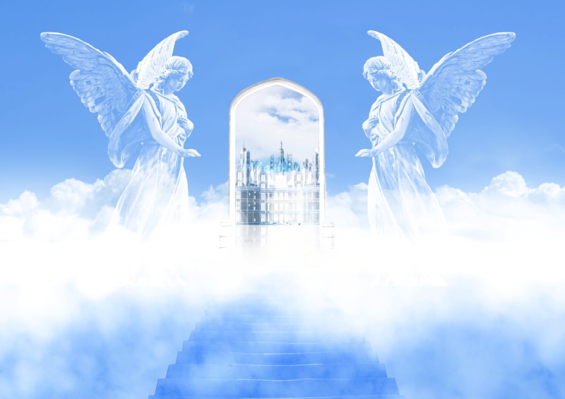 sky, salvation, belief, clouds, digital composite, day, tower, building, blue, crystal palace, the kingdom of heaven, baiyun, architecture, low angle view