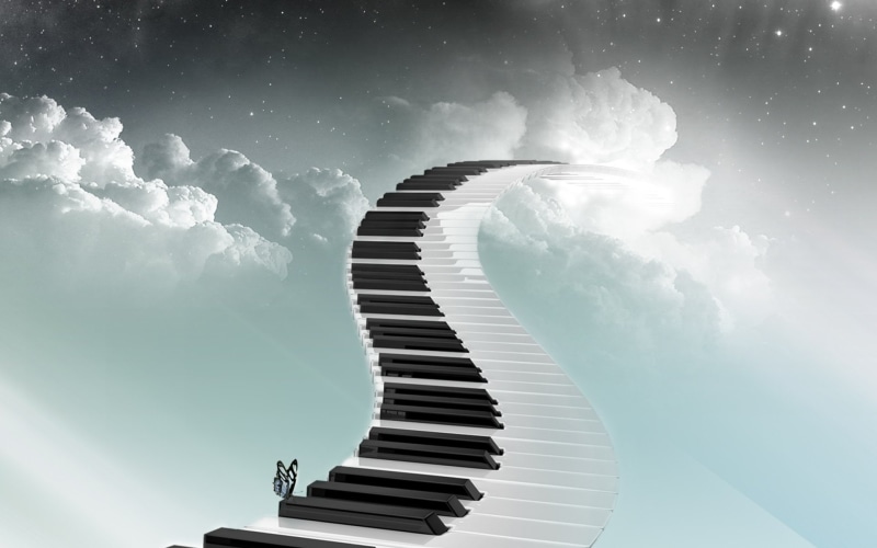 beauty in nature, tiles, idyllic, digital composite, creativity, environment, stairway, outdoors, fantasy, heaven, Music, 1080P, white color, Piano, blue