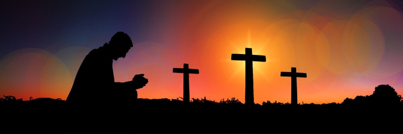 meditation, cross shape, figure, cemetery, church, christ, prayer, back lit, sunset, humility, knee, devotion, three, religion, jesus christ, nature, background