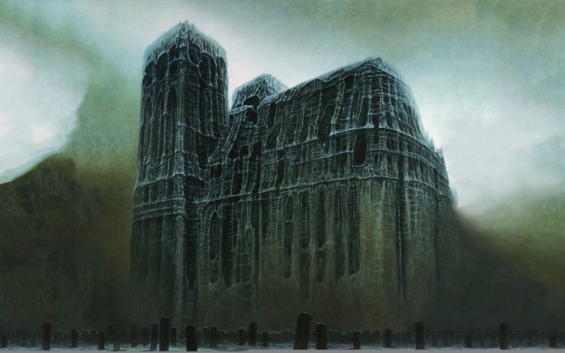 the darkness, postapocalyptic, surrealism, Cathedral, plate, cemetery, from the bones, 2K, Zdzisław Beksiński, tombstone, Zdislav Beksinski