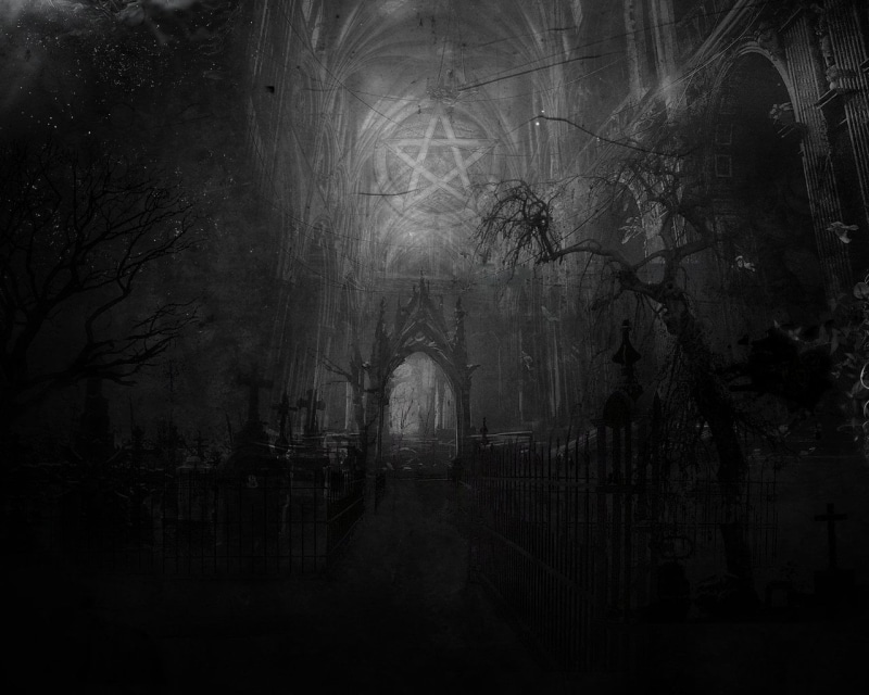 painting, fear, cathedral, forest, textured effect, spirituality, halloween, no people, Dark, sullen, digital composite, cemetery, monochrome, belief, night