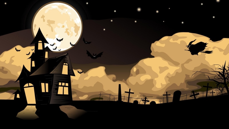 graphics, castle, witch, creepy, flying, full moon, bats, artwork, art, illustration, nightmaren, moon, bat, darkness, night, sky, house, dark, 4K, halloween