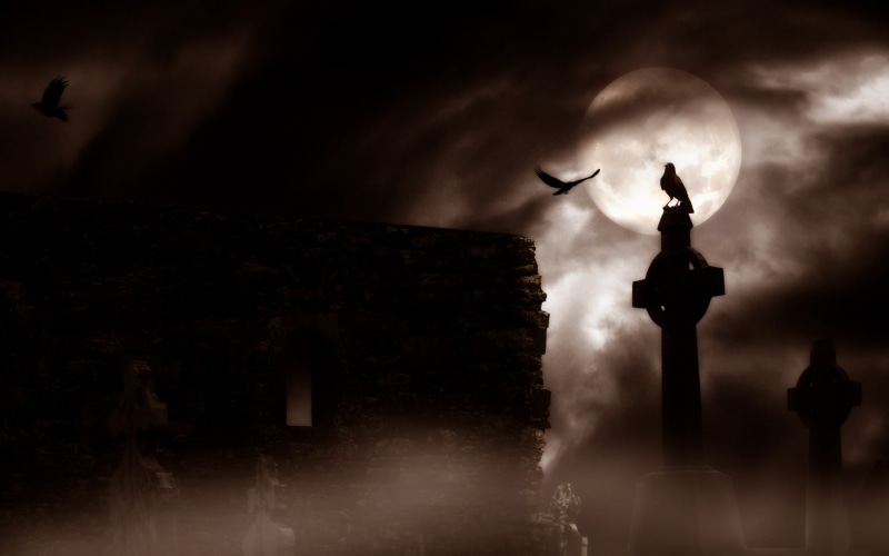 Dark, graveyard, halloween, cemetery, horror, Gothic, 1080P, raven