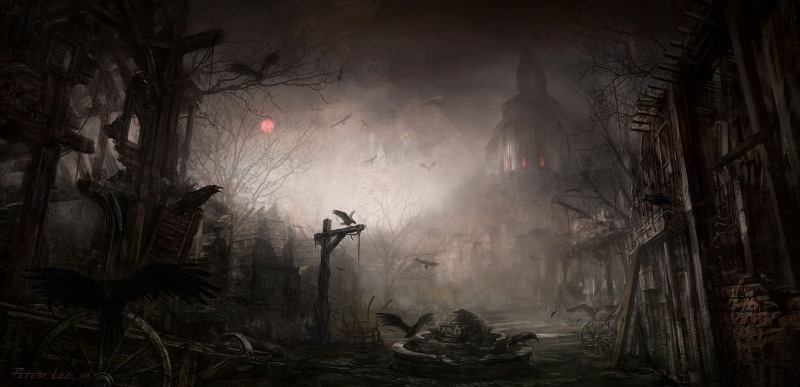 outdoors, built structure, plant, brown, no people, smoke - physical structure, horse, nature, tree, building, horror, architecture, fog, painting, sunbeam