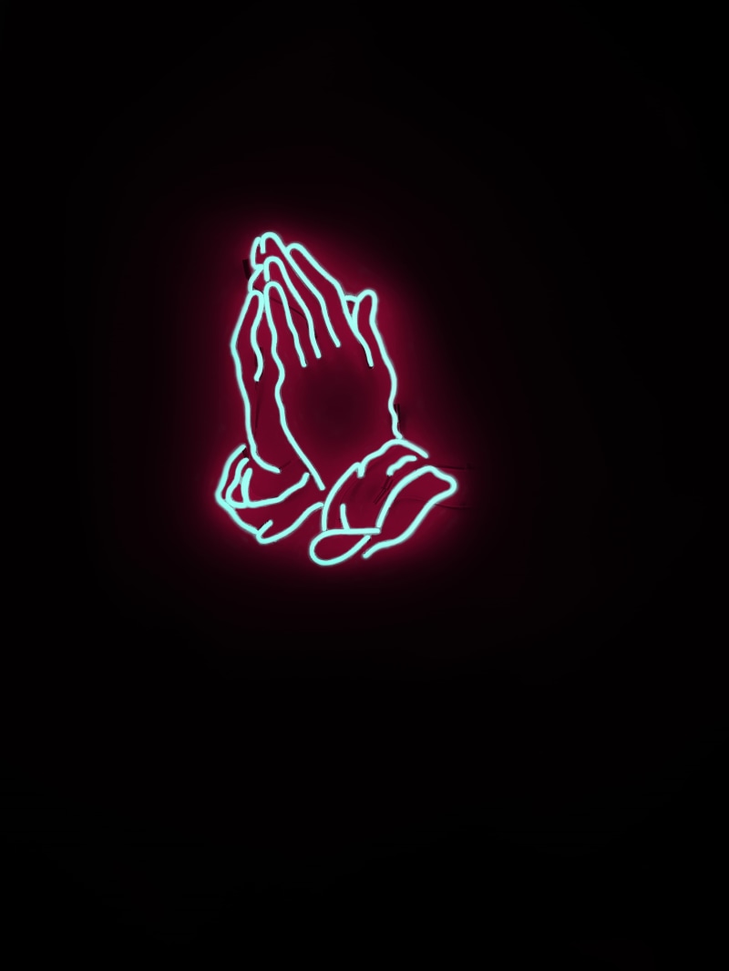 illuminated, copy space, warning sign, indoors, single object, red, glowing, 4K, praying, black background, hands, number, prayer, sign, signage, illustration