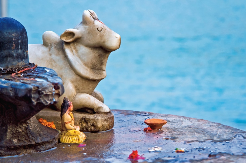 animal, outdoors, grey, blessing, photography, god, toy, faith, nature, cow, water, sculpture, statue, culture, hinduism, asia, day, siva, stone, no people