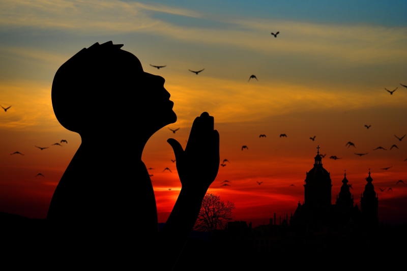 sky, person, pray, religion, faith, christ, sunset, photography, protestant, 5K, building exterior, orange color, man, animal wildlife, animal themes