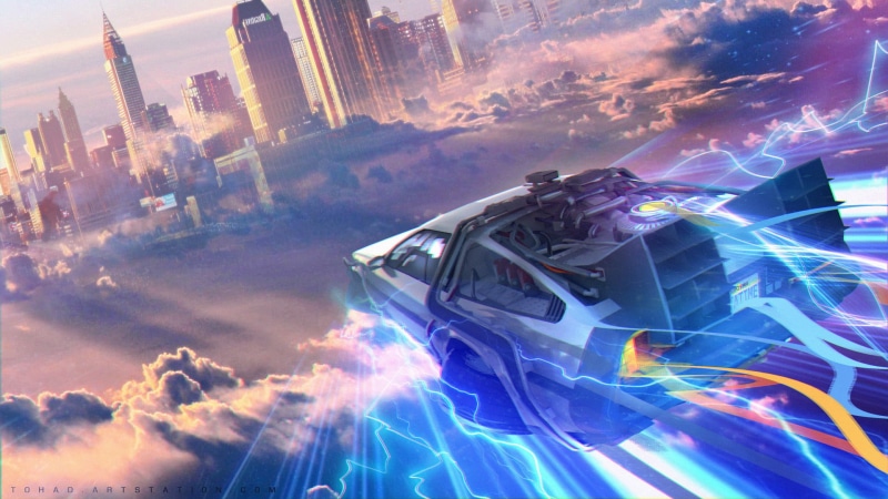 sea, digital composite, motor vehicle, transportation, The Time Machine, office building exterior, car, reflection, clouds, architecture, sunlight, built structure
