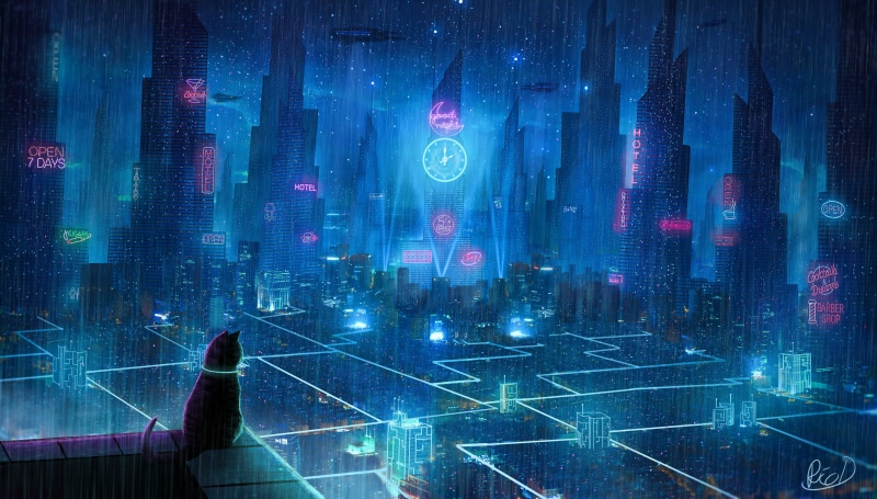 cyberpunk, 4K, metropolis, roof, future, cat, neon lights, city
