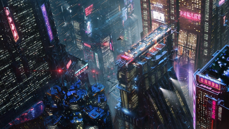 Neon, by Erik Osvald, Skyscrapers, Erik Osvald, Future, City, Night, Dubnica 2077, Concept Art, 1080P, Fiction, The city, Architecture, Rain, Cyberpunk