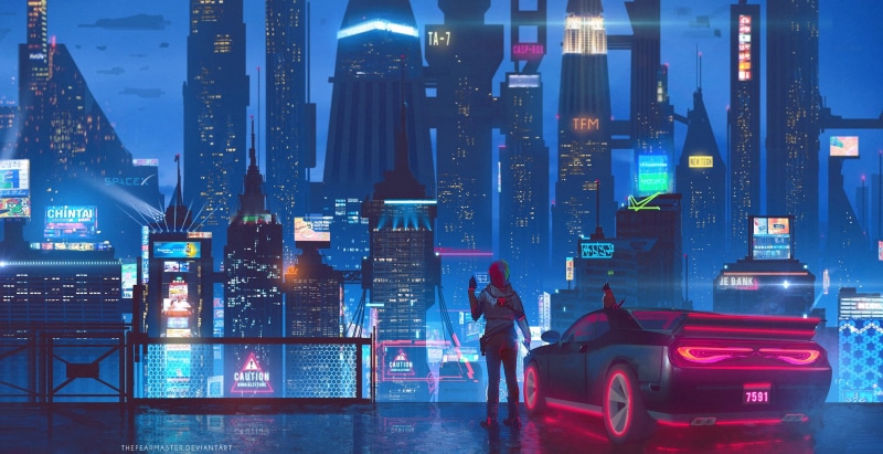 7591, City, Auto, Skyscrapers, Buildings, Machine, TheFearMaster, by TheFearMaster, Digital Art, 1080P, The city, Neon, Night Glow, Future, Art, Architecture