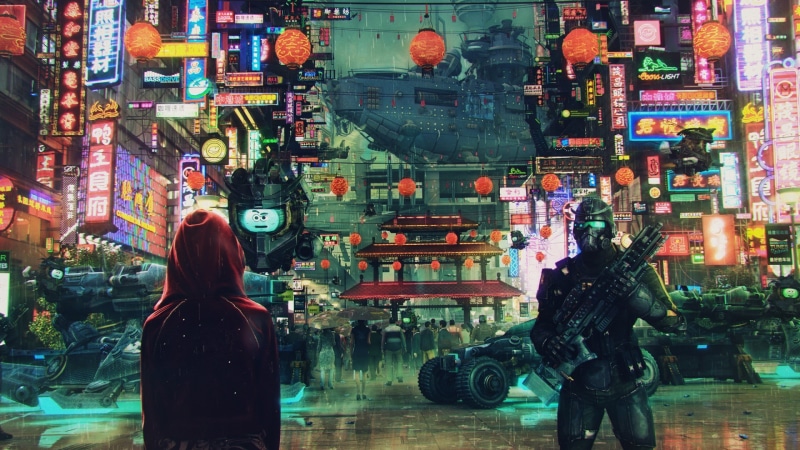 girl, concept art, art, hoodie, future, street, android, apocalypse, japan, scifi, red hoodie, asian architecture, cyberpunk, artwork, rebel, 1080P, glow