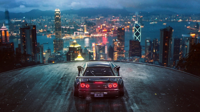 bumper, Skyline, by Khyzyl Saleem, highway, mode of Transport, black, Nissan, no People, landscape, blue, skyscraper, office building exterior, motor vehicle