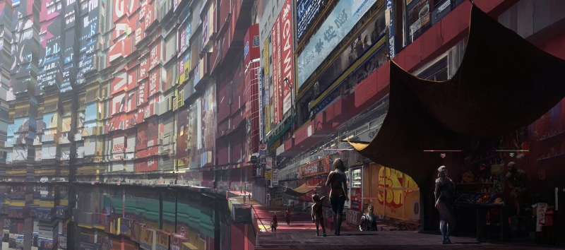 fantasy, cyberpunk, City, sci-fi, walkway, futuristic, buildings, people, child, futuristic city, future, artwork, fantasy city, fantasy art, science fiction