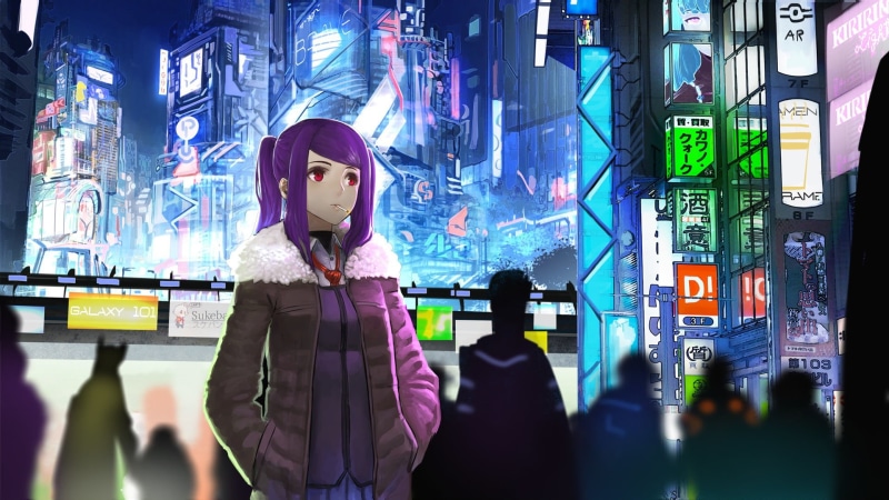 Night, Valhalla, 1080P, art, fiction, anime, VA-11 HALL-A, cigarette, art girl, cyberpunk, red eyes, Jill, future, the city, Glitch City, purple hair