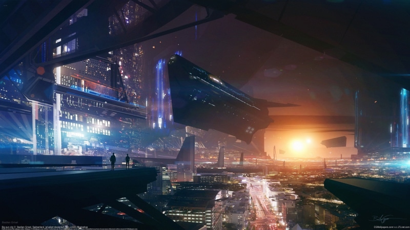city, future, bastien, sunset, spaceship, 2K, panorama, grivet