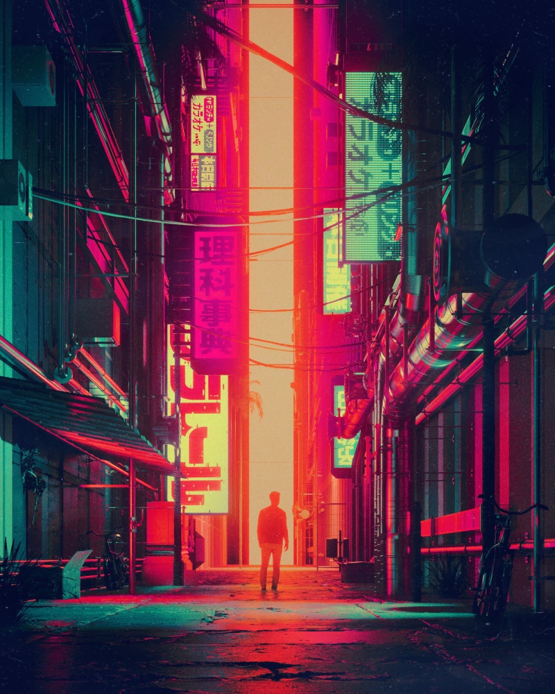 lifestyles, rear view, art, real people, one person, full length, red, built structure, 1080P, standing, illuminated, adult, man, street, silhouette