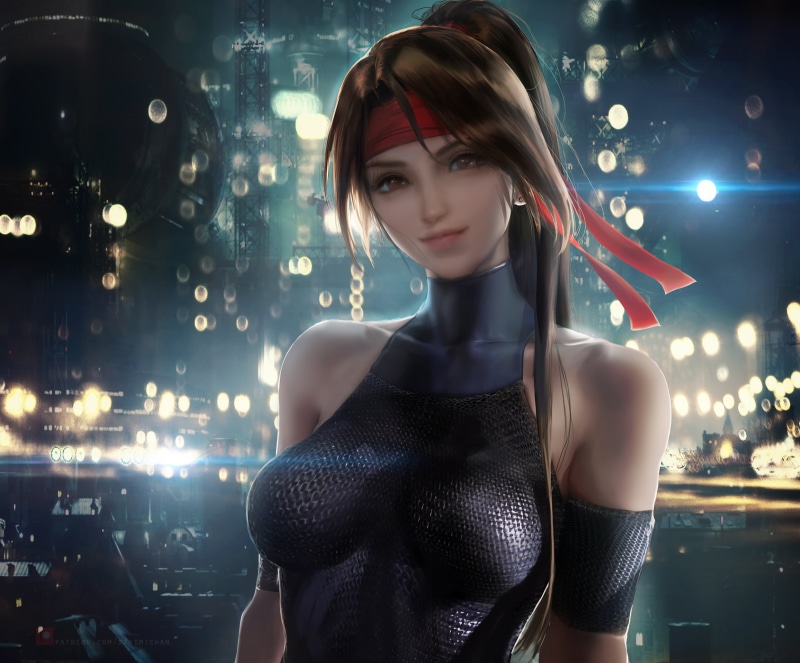 long hair, Final Fantasy VII: Remake, night, Final Fantasy, women, video games, fantasy girl, city, portrait, brown eyes, smiling, Jessie Rasberry, brunette