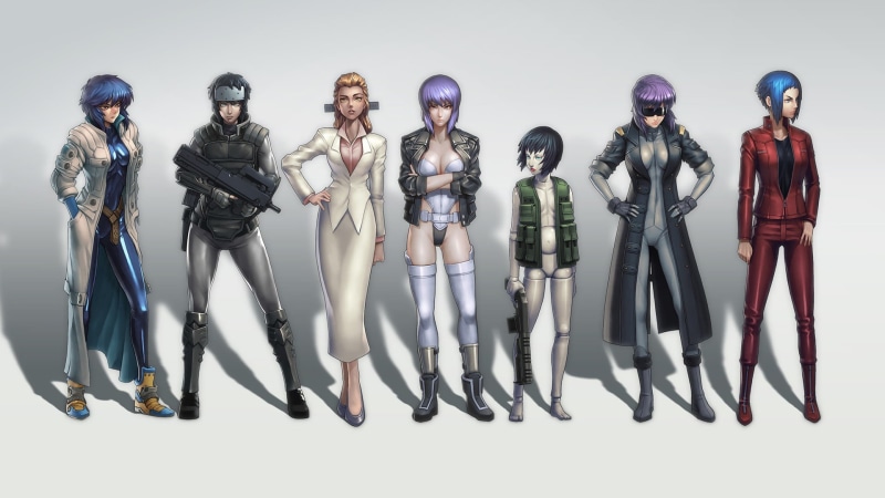 white background, multi colored, Ghost in the Shell, Kusanagi Motoko, arrangement, in a row, indoors, variation, males, ghost, shell, people, men, representation
