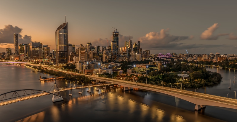 sky, reflection, financial district, skyscraper, tower, cityscape, gold, outdoors, brisbane city, no people, nature, brisbane, traffic, building exterior