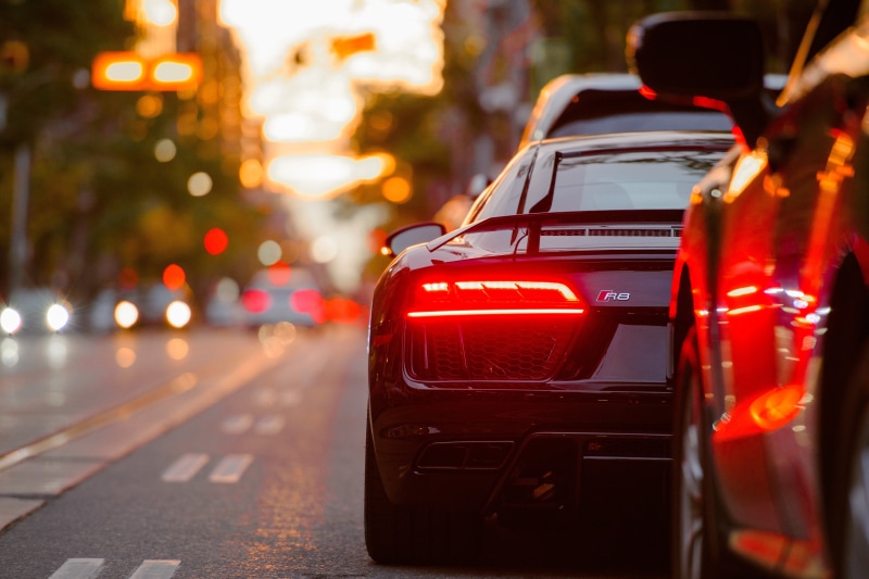 r8, editorial, speed, shiny, sports car, motor vehicle, Audi R8, black, road, outdoors, urban Scene, lighting Equipment, transportation, modern, Canada