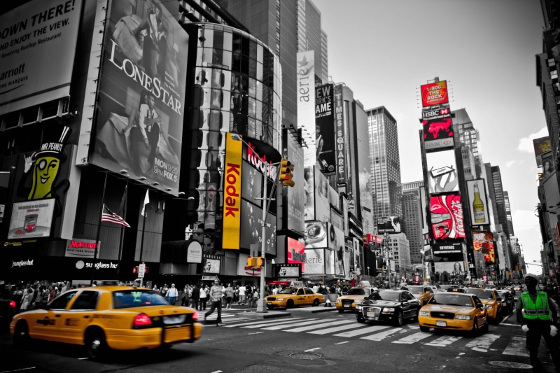 midtown Manhattan, office building exterior, 4K, yellow cab, street, downtown District, city Life, new, uSA, incidental people, red, billboard, city, nyc