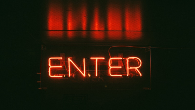 nightlife, black background, business, western script, red, lighting equipment, open, light, enter, glowing, night, close-up, neon, 4K, architecture, capital letter