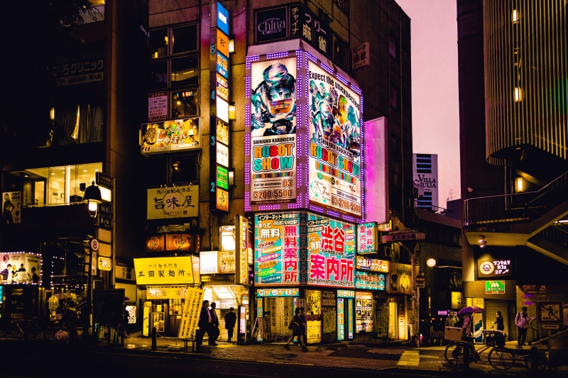 commerce, japan, city life, shopping, built structure, japanese culture, outdoors, sign, store sign, lighted, neon, neon signs, store, neon sign, city