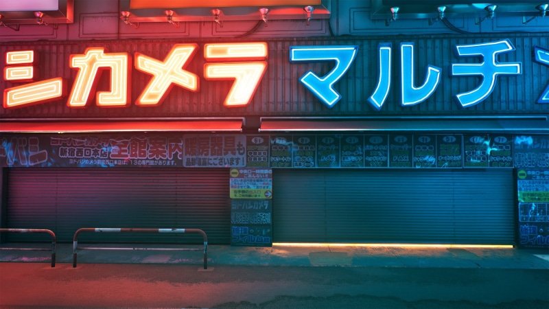 wall - building feature, 1080P, night, illuminated, sign, built structure, western script, neon, nightlife, building exterior, tokyo, store, retail, shutter