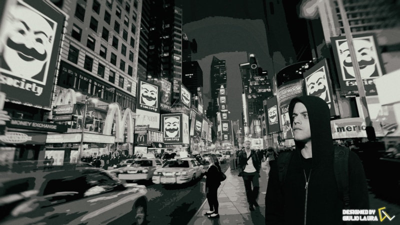 mode of transportation, skyscraper, real people, building exterior, advertisement, Time Square, Rami Malek, city, office building exterior, building, road