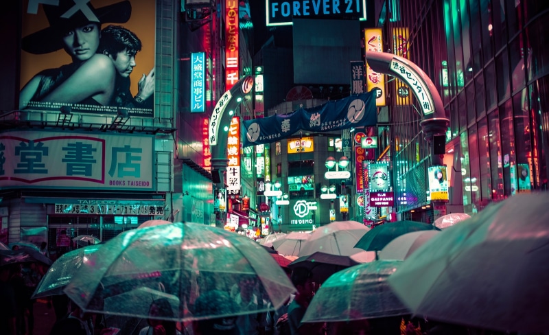logo, city life, neon, architecture, text, advertisement, protection, building exterior, night, 4K, incidental people, real people, umbrella, outdoors