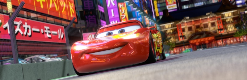 built structure, architecture, street, building exterior, communication, cars 2, cars 2 film, city life, cars 2 movie, red, car, multi colored, text, mode of transportation